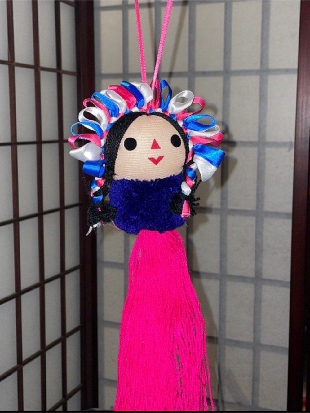 Handmade Pink Tassel Doll Ornament with Blue Accents